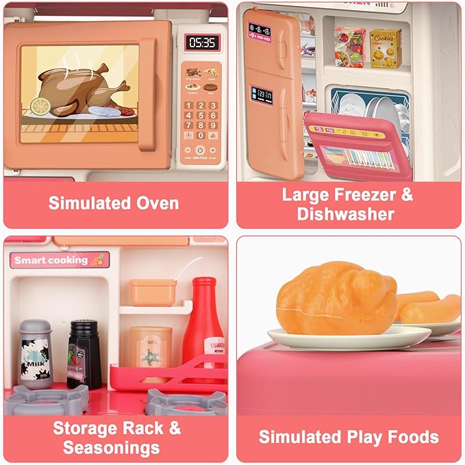 deAO Kids Kitchen Playset Toy with Sounds and Lights, Role Playing Game Pretend Food and Cooking Playset for Kids,35 PCS Kitchen Accessories Set for 3 4 5 Years Old Girls Boys