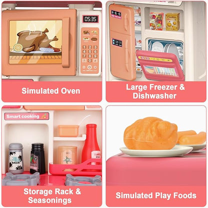 deAO Kids Kitchen Playset Toy with Sounds and Lights, Role Playing Game Pretend Food and Cooking Playset for Kids,35 PCS Kitchen Accessories Set for 3 4 5 Years Old Girls Boys