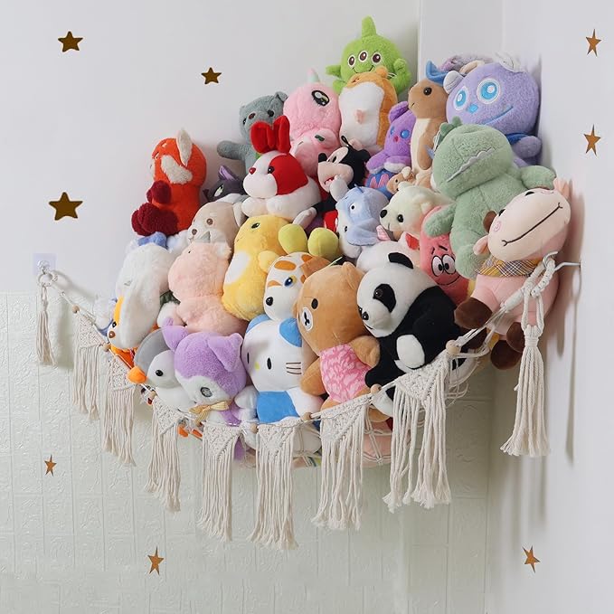 Large Stuffed Animal Hammock or Net, Macrame Boho Toy Hammock with LED Light, Decorate Net for Stuffed Animals Corner, Space Saving Hanging Stuff Animal Organizer Holder for Kids Bedroom Playroom