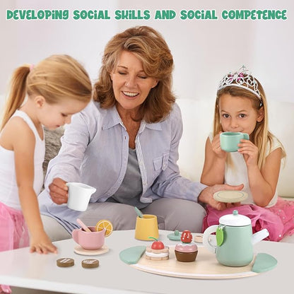 GAGAKU Wooden Tea Set for Kids, Wood Tea Party Set for Little Girls Wooden Coffee Afternoon Tea Toys Play Food forToddler Pretend Play Kitchen Accessories for Kids