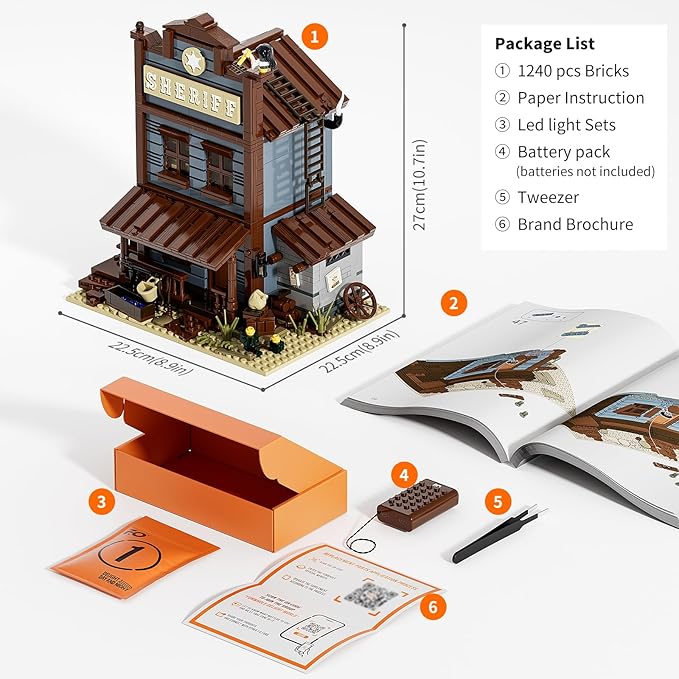 Funwhole Sheriff's-Office Lighting Building-Bricks Set - The Old West Sheriff's Office LED Light Construction Building Model Set 1240 Pcs for Adults and Teen