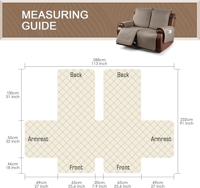 KinCam Waterproof Loveseat Recliner Cover, Non-Slip Reclining Couch Covers for 2 Seat, Recliner Sofa Cover Furniture Protector with Elastic Straps for Kids, Pets, Taupe
