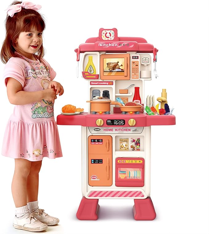 deAO Kids Kitchen Playset Toy with Sounds and Lights, Role Playing Game Pretend Food and Cooking Playset for Kids,35 PCS Kitchen Accessories Set for 3 4 5 Years Old Girls Boys