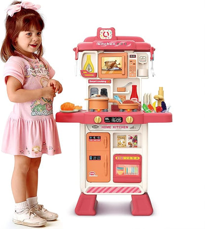 deAO Kids Kitchen Playset Toy with Sounds and Lights, Role Playing Game Pretend Food and Cooking Playset for Kids,35 PCS Kitchen Accessories Set for 3 4 5 Years Old Girls Boys