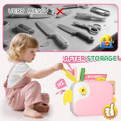 Kids Kitchen Knife Set for Real Cooking with Storage Box Pink, Montessori Kitchen Toy with Cutting Board, Plastic Toddler Knives, Peeler, Wooden Safe Knife for Age 3 4 5 6 7 8