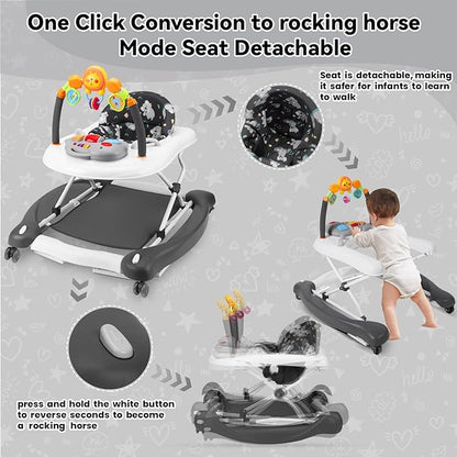 Baby Walker, 5 in 1 Baby Walkers for Boys Girls 6-12 Months, Foldable Walkers for Babies with Bouncer & Feeding Tray, Music, Adjustable Heights, Activity Walker for Infant