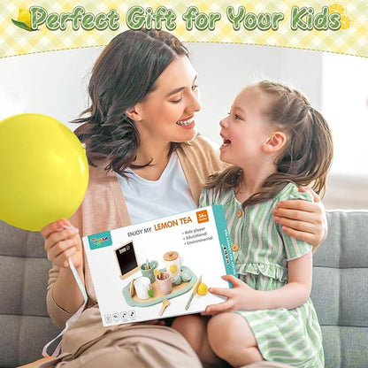 Toyssa Wooden Tea Party Set for Little Girls Toys Toddler Tea Set with Play Kitchen Accessories & Lemonade Stand & Black Board, Wooden Toys for Toddlers Aged 2 3 4 5 6, Birthday Kids Girls Gifts 3+