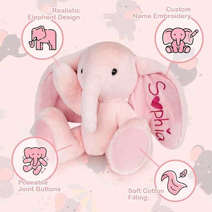 Personalized Gray Elephant Stuffed Animal with Name Embroidery – Soft Plush Toy with Poseable Limbs, Custom Gift for Baby Boys & Girls, Baby Shower & Birthday