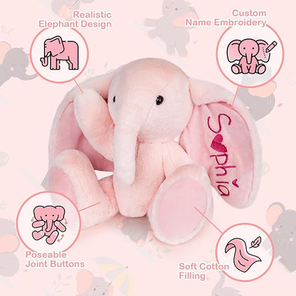 Personalized Gray Elephant Stuffed Animal with Name Embroidery – Soft Plush Toy with Poseable Limbs, Custom Gift for Baby Boys & Girls, Baby Shower & Birthday