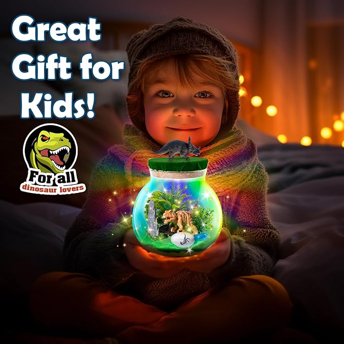 Hollyhi Light Up Terrarium Kit for Kids, DIY Dinosaur Toys for 3 4 5 6 7 8 9 10 11 12 Year Old Girls Boys, Night Light Dinosaur Terrarium Kit Arts and Crafts for Girls, Kids Christmas Birthday Gifts