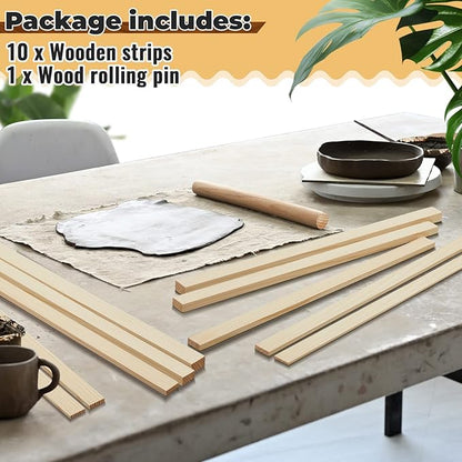 FairySandy 11 Pcs Pottery Teaching Rolling Mud Stick Guide and Wood Rolling Pin Set Include 10 Pcs 15.8 x 0.8 Inches Mudboard Guide and Clay Roller Tools for Manual Self Made Clay Gift Decoration
