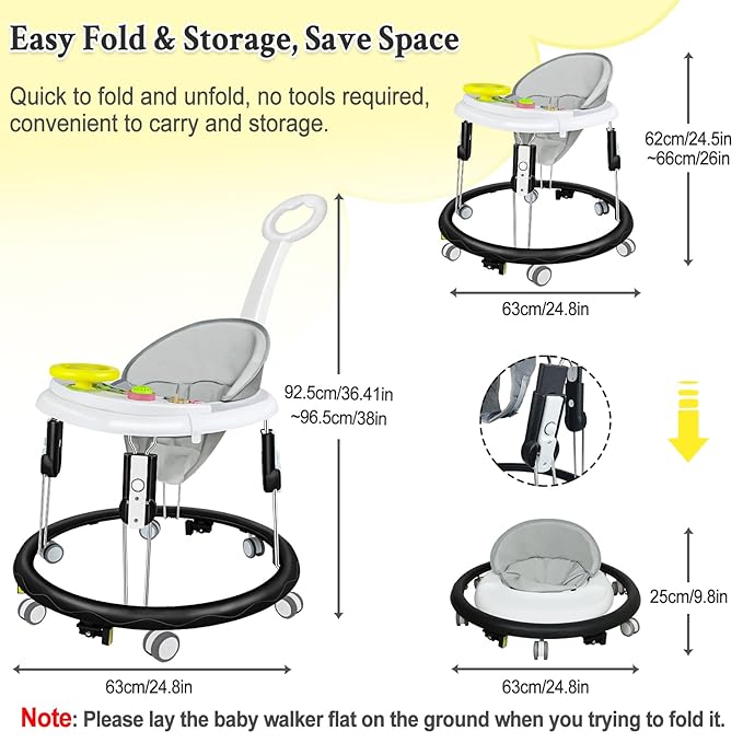 Foldable Baby Walker for Boys and Girls, 5-in-1 Baby Walker with Wheels, Adjustable Height Toddler Activity Walker with Music Tray, Detachable Seat and Mute Anti-Rollover Baby Walkers for 8-24 Months