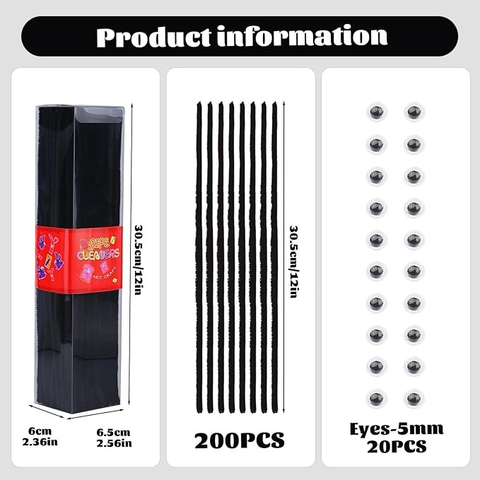 LOKUNN Pipe Cleaners, 200 Pcs Black Pipe Cleaners Craft Set, Solid Color Chenille Stems, DIY Arts and Crafts with Adhesive Eyes and Storage Box, Christmas Mother's Day Decoration Art Supplies