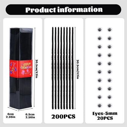LOKUNN Pipe Cleaners, 200 Pcs Black Pipe Cleaners Craft Set, Solid Color Chenille Stems, DIY Arts and Crafts with Adhesive Eyes and Storage Box, Christmas Mother's Day Decoration Art Supplies