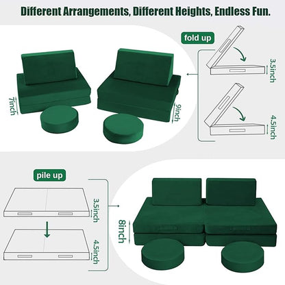 MeMoreCool 8-Piece Modular Kids Play Couch – Green Convertible Foam Toddler Sofa for Playroom, Fold-Out Baby Couch Play Set
