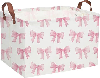 Sanjiaofeng Rectangular Kids Basket Pink Storage Bins,Girls Storage Baskets with Handles.Clothers,Toys,Books,Kid's Gifts Storage. (Pink Bowknot)
