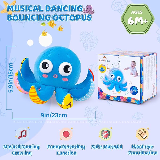 Baby Toys 6-12 Months, Musical Crawling Toys Bouncing Dancing Octopus Plush Toys 12-18 Months, 50 Songs & Recording Feature, Interactive Toddler Toys Age 1-2 Tummy Time Toys for 1 Yr Old Boys Infants