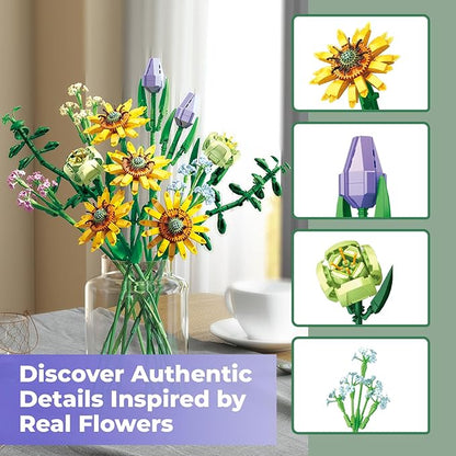 Contixo Flowers Bouquet Building Blocks Set - BK04 Artifical Sunflower Botanical Collection Kids Building Toys Kit 975 PCS, Home Plant Decor Toy Gift for Adults Kids Girls Ages 6+