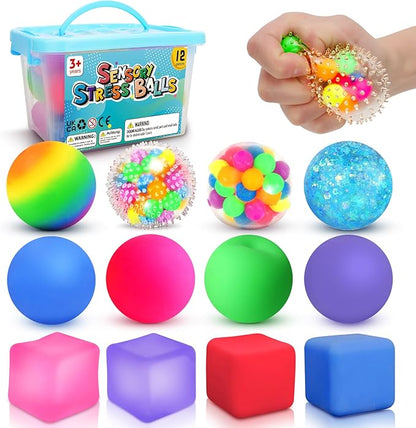Stress Balls Fidget Sensory Toys: 12 Pack Squishy Stress Balls for Kids 3-12 - Hand Therapy Sensory Ball with Nervousness Pressure Relief - Squeeze Stress Toys Bulk - Classroom Prize Gift for Student