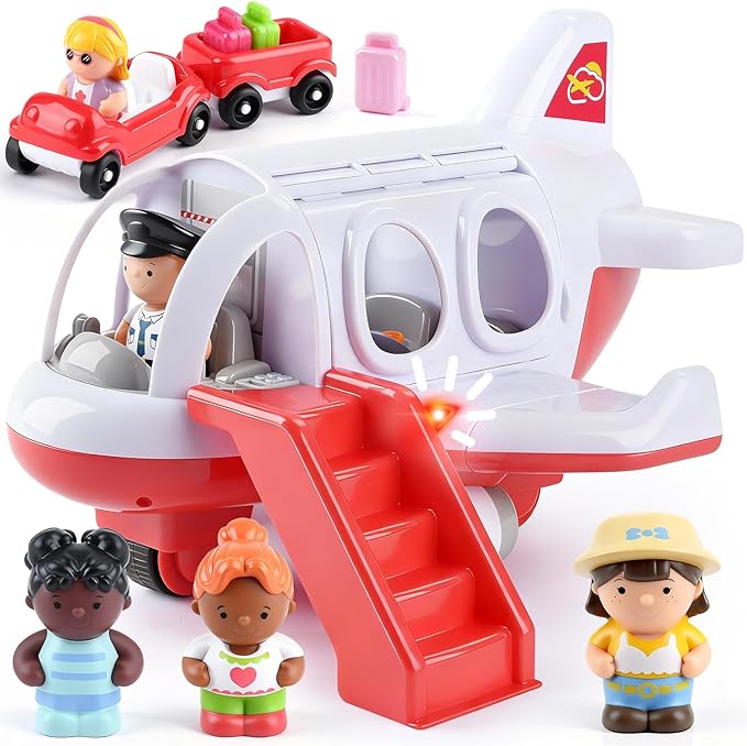 PLAY Airplane Toy for Kids - Toddler Airplane Toys Travel Plane Toys for Kids 2+ Years Old with Small Figures & Baggage Carrier, Musical Toy Airplane with Lights for Boys Girls Gifts Birthday (Red)