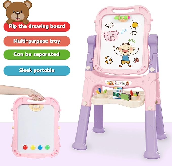 Art Easel for Kids, Adjustable Standing Rotatable Double Sided Easel with Painting Accessories for Toddlers Boys and Girls-Pink