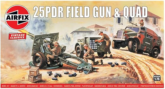 Airfix Quickbuild Vintage Classics 25PDR Field Gun & Quad 1:76 Military Ground Vehicles Plastic Model Kit A01305V, Multicolor