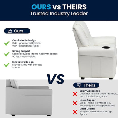 Flash Furniture Vana Vinyl Kids Recliner with Cup Holder, Headrest, and Safety Recline, Contemporary Reclining Chair for Kids, Supports up to 90 lbs., White