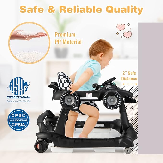 GLACER Foldable Baby Walker, 4-in-1 Infant Walker with Adjustable Height & Speed, Music, Light, Steering Wheel & Washable Cushion, Baby Walker Activity Center for Boys Girls 6 –18 Months (Black)