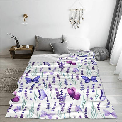 Purple Lavender Floral Flowers Butterfly Throw Blanket Gifts for Girls Boys Men Women Ultra Soft Warm All Season Decorative Fleece Blankets for Bed Chair Car Sofa Couch Bedroom 50"X60"