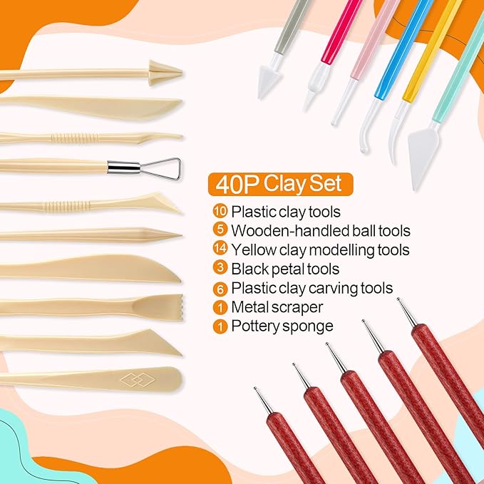 Phinus Clay Tools Kit, 40PCS Pottery Tools for Kids and Adults, Air Dry Polymer Clay Tools, Clay Sculpting Tools for Dotting, Carving, Drawing, Molding, Modeling, Shaping