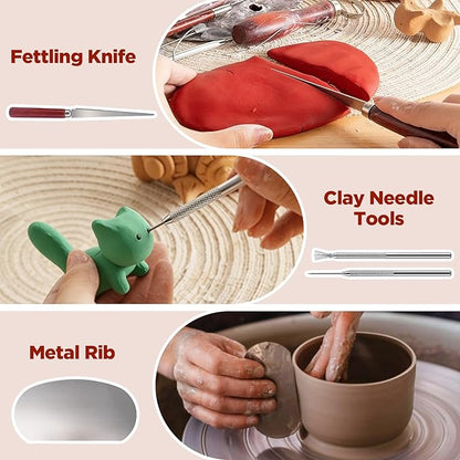 14PCS Clay Sculpting Tools, Complete Pottery Tools with Ergonomic Handles & 1.7FL OZ Air Dry Clay Glaze for Pottery Craft, Carving Ceramics, Molding Polymer Clay – Ideal for Artists, Beginners, Adults