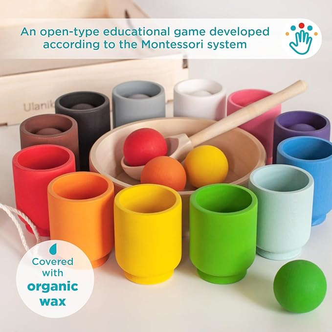 Ulanik Balls in Cups Toddler Montessori Toys for 1 Year Old + Kids Preschool Wooden Matching Games for Learning Color Sorting and Counting