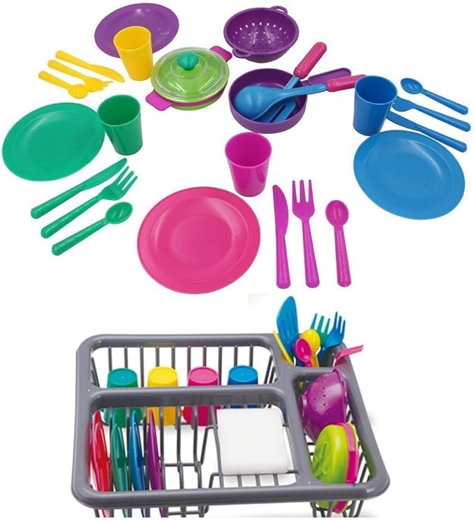 Kids Pretend Play Dishes Children's Kitchen Playset - Wash and Dry Tableware Dish Rack Toy with Drainer, Cups, Pots, Utensils (28 Pieces)