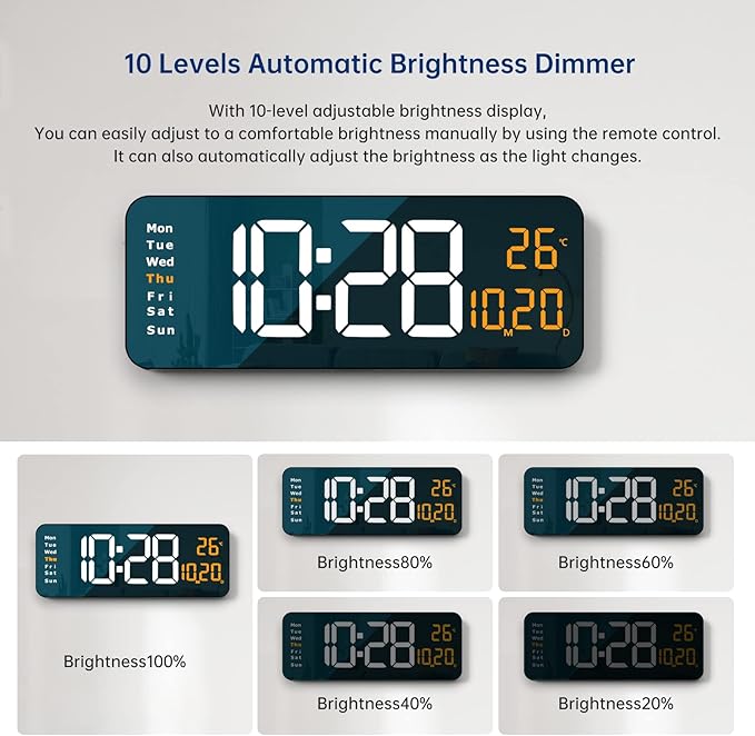 16.2" Large Digital Wall Clock with LED Display, Remote Control, Automatic Brightness Dimmer, Big Clock with Date, Week, Temperature, Orange