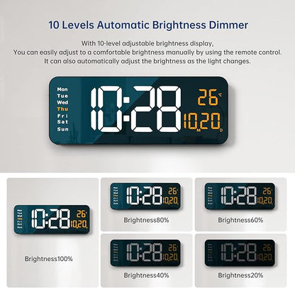 16.2" Large Digital Wall Clock with LED Display, Remote Control, Automatic Brightness Dimmer, Big Clock with Date, Week, Temperature, Orange