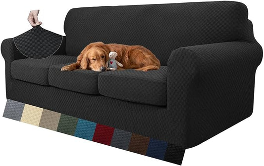MAXIJIN 4 Piece Jacquard Extra Large Couch Covers for 3 Cushion Couch Super Stretch Non Slip Couch Cover for Dogs Pet Friendly Sofa Slipcover Furniture Protector (Oversized Sofa, Black)