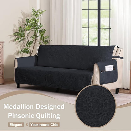 Soft Quilted Couch Cover, Medallion Designed Anti-Slip Blue Gray Sofa Slipcovers for 3 Cushion, Pet Friendly Sofa Cover for Dogs Cats Water-Repellent Washable (Large Sofa 68", Blue Gray)