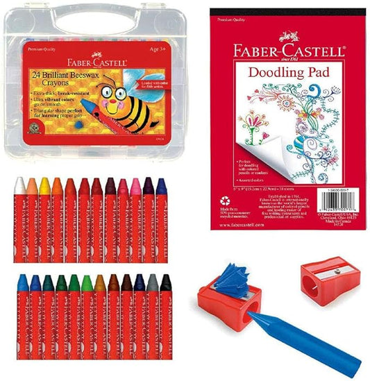 Faber-Castell Back to School Beeswax Crayon Coloring Set - 24 Beeswax Crayons, Crayon Sharpener & Doodle Pad, Multi (FC14339)