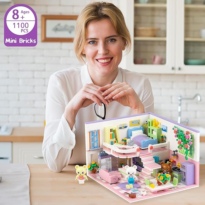 Mini Friends Duplex Apartment Building Sets for Adults, Bears Pink Dream House Kitchen Home Cottage Girly Collectible Display Modular Bricks Kits for Teens 14 14+ (1110 PCS)