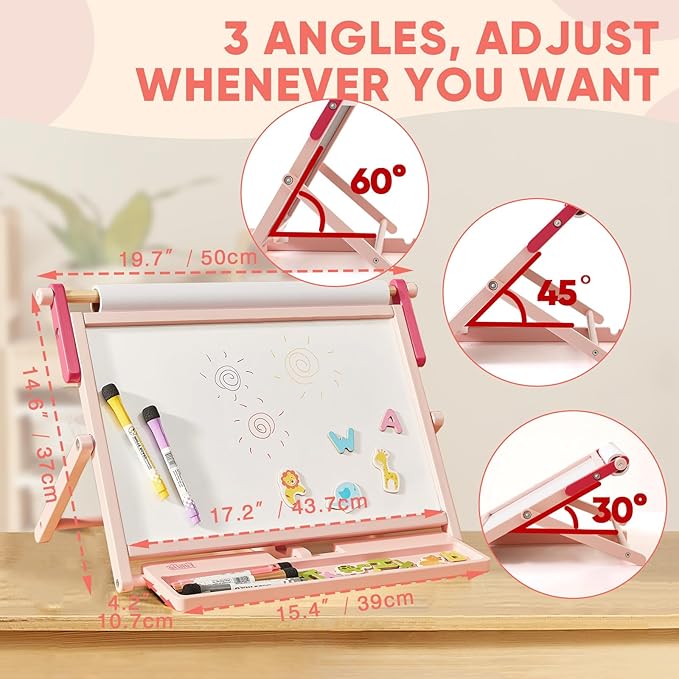 FUNLIO Anti-Warping Tabletop Easel for Kids Ages 3+ (100+ Pcs), Wooden Double-Sided Magnetic Table Easel with 3 Adjustable Angles, Kids Easel with Whiteboard, Chalkboard & Paper Roll, Foldable - Pink