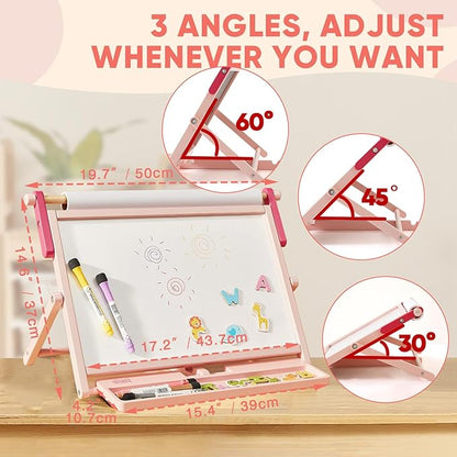 FUNLIO Anti-Warping Tabletop Easel for Kids Ages 3+ (100+ Pcs), Wooden Double-Sided Magnetic Table Easel with 3 Adjustable Angles, Kids Easel with Whiteboard, Chalkboard & Paper Roll, Foldable - Pink
