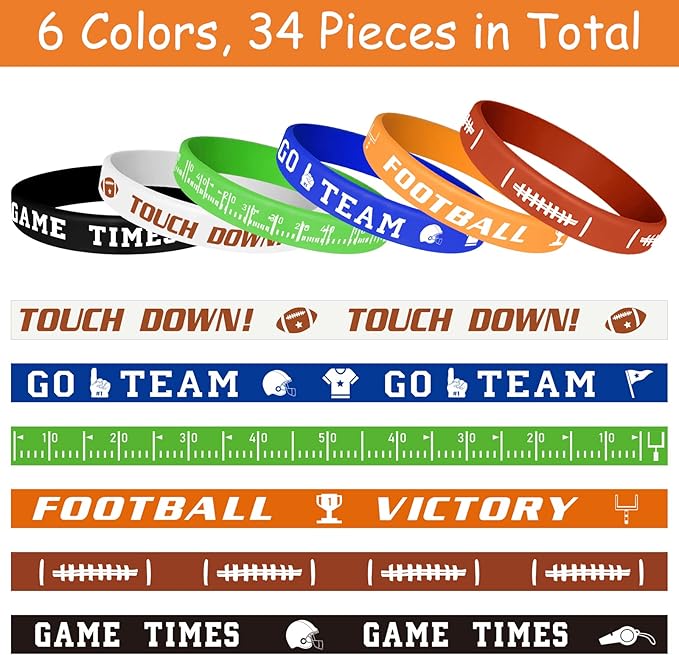 MIAHART 16 Pieces Football Theme Bracelets Silicone Wristband for Sport Theme Birthday Party Favors, 6 Styles