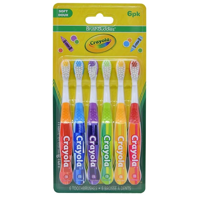 Brush Buddies Crayola Kids Toothbrush, Toddler Toothbrush, Children's Toothbrush, Soft Bristle Toothbrush for Kids, 6PK