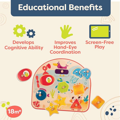 B. toys- Sea Treasures- Wooden Peg Puzzle – Sea Animals Puzzle – Ocean Peg Puzzle for Toddlers, Kids – 8 Chunky Pieces – 18 Months +