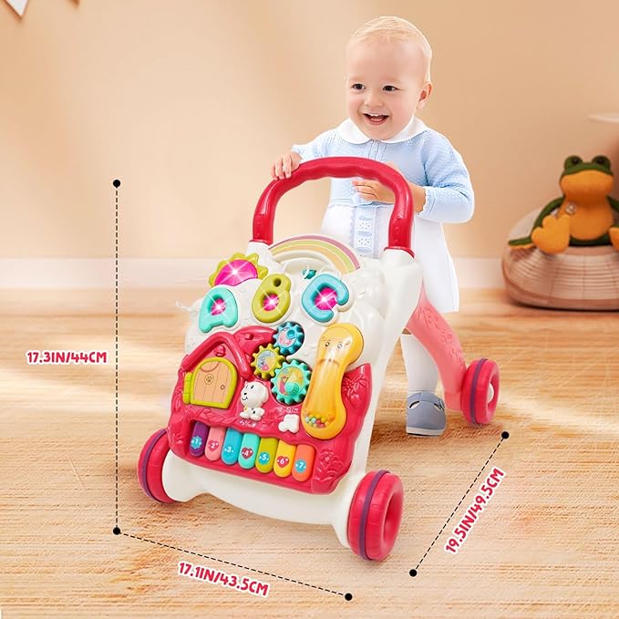 Sit-to-Stand Learning Walker 3 in1 Baby Walker Early Education Activity with Weight Gain Design Sounds Music Phone Multifunctional Removable Play Panel Educational Push Toy Gift for Boys Girls（Pink）
