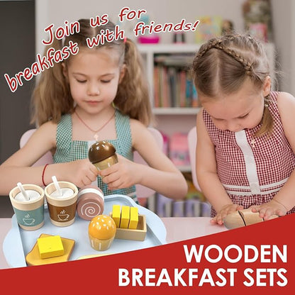 Wooden Food Toys for Toddlers 1-3, Wooden Play Food Set, Breakfast with Velcro Food Cutting Toys, Wood Play Food, Wooden Food for Play Kitchen for Toddlers Boys and Girls, Aged 3 4 5 6