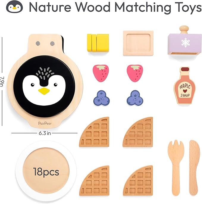 PairPear Wooden Waffle Maker Toy Food Playset, Kids Pretend Play Food Kitchen Accessories, Wooden Cooking Toy Baking Playset, Toddler Play Breakfast Brunch Tea Sets Cutting Food Gift for Girls Boys 3+