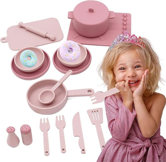 Play Kitchen Accessories, Silicone Pretend Play Kitchen Toys Set, Play Kitchen Pots and Pans Set for Kids, Learning Education Cooking Toys for Girls(Pink)