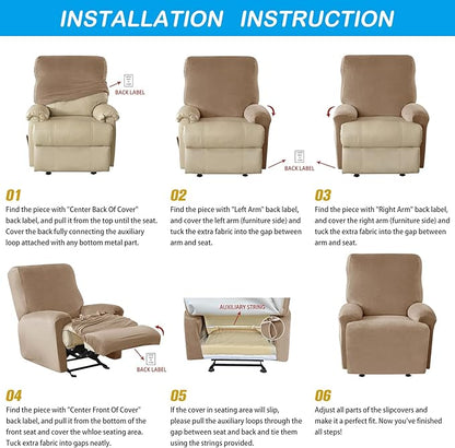 OBCREAT High Stretch Recliner Chair Cover Soft Velvet Recliner Slipcovers 4 Pieces Lazy Boy Recliner Couch Covers Plush Furniture Protector for Kids Pets (Light Grey)