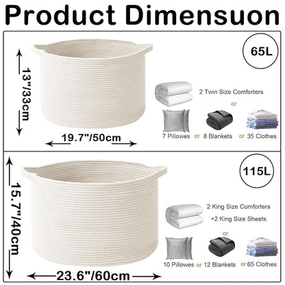 115L Extra Large Woven Cotton Rope Blanket Basket with Handles, Laundry Hamper Storage Bin for Pillows, Comforters,Clothes, Toys, Nursery, Bedroom and Living Room Organization,White